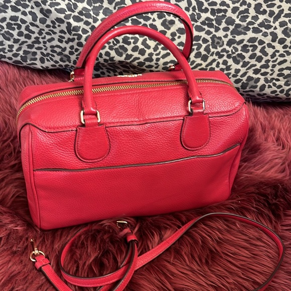 COACH Red Pebble Leather Handbag Satchel Shoulder strap Custom details Stripe - Picture 5 of 11